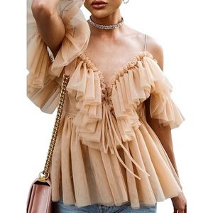 Ruffle tulle sweetheart cold shoulder peplum top
